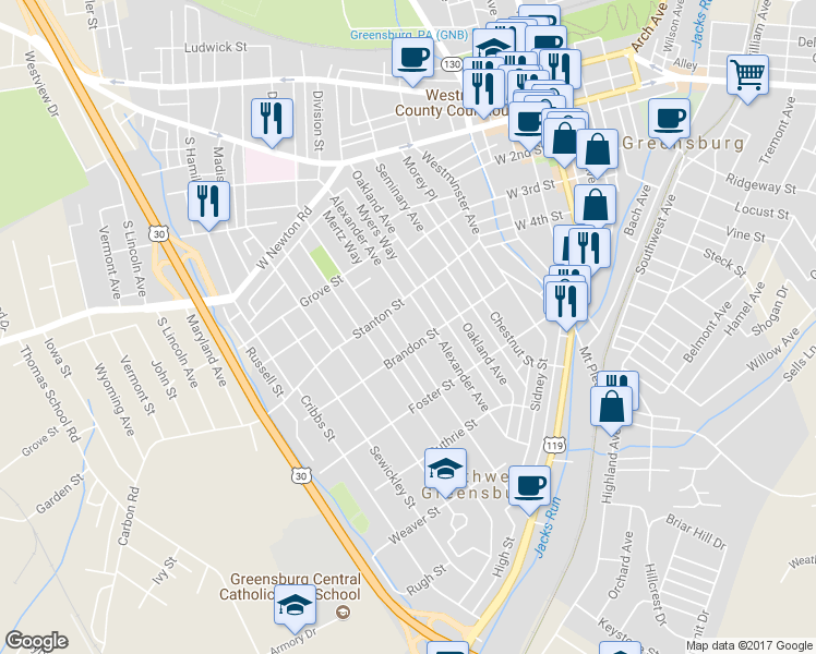 map of restaurants, bars, coffee shops, grocery stores, and more near 419 Green Street in Greensburg