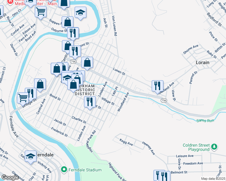 map of restaurants, bars, coffee shops, grocery stores, and more near 530 Russell Avenue in Johnstown