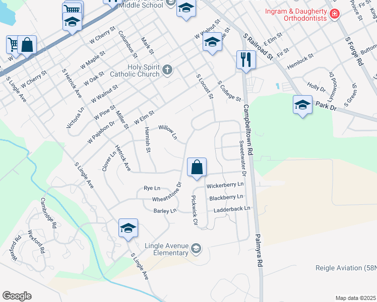 map of restaurants, bars, coffee shops, grocery stores, and more near 640 Wheatstone Drive in Palmyra