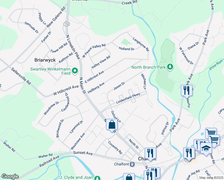 map of restaurants, bars, coffee shops, grocery stores, and more near 60 Jasen Drive in Chalfont