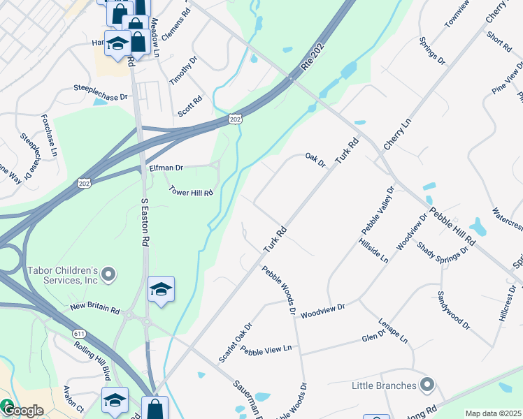 map of restaurants, bars, coffee shops, grocery stores, and more near 58 Pebble Woods Drive North in Doylestown