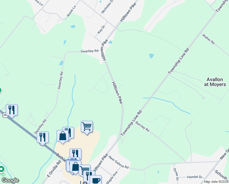 map of restaurants, bars, coffee shops, grocery stores, and more near 7 South Valley View Road in Line Lexington