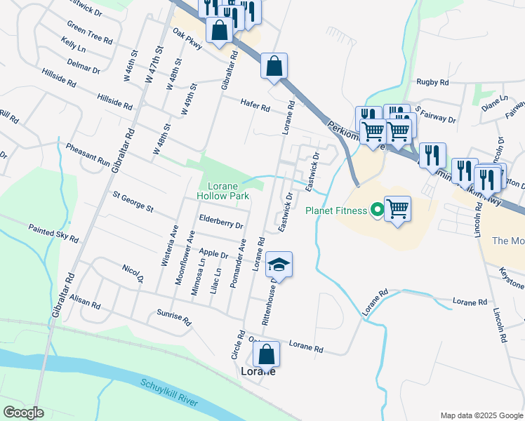 map of restaurants, bars, coffee shops, grocery stores, and more near 404 Lorane Road in Reading
