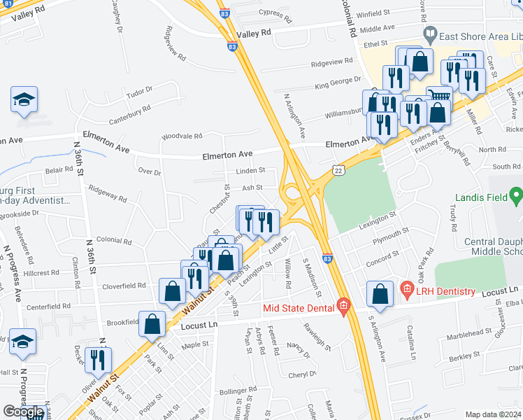 map of restaurants, bars, coffee shops, grocery stores, and more near 4004 Walnut Street in Harrisburg