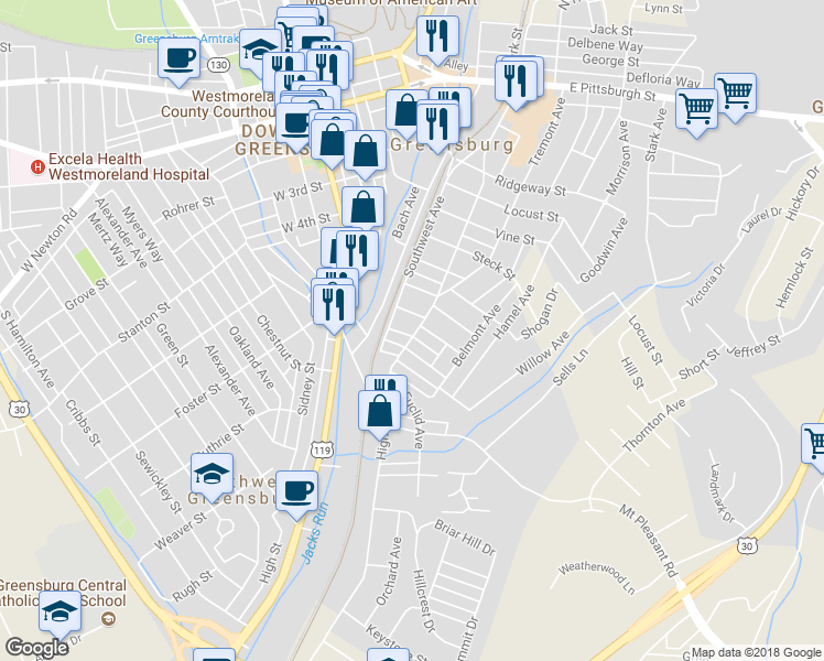 map of restaurants, bars, coffee shops, grocery stores, and more near 628 Highland Avenue in Greensburg