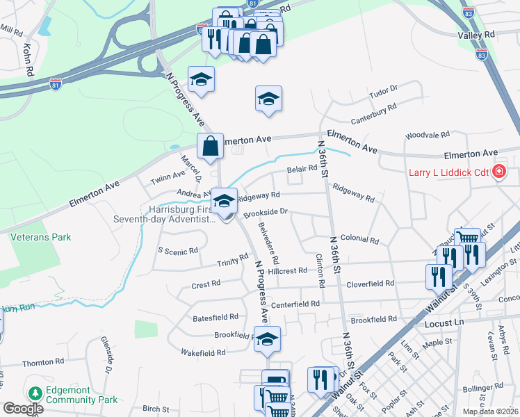 map of restaurants, bars, coffee shops, grocery stores, and more near 3408 Brookside Dr in Harrisburg