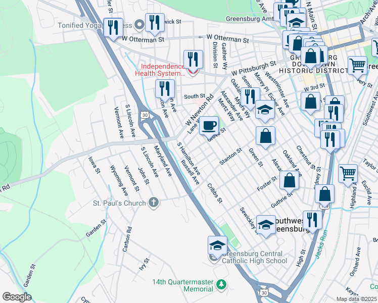 map of restaurants, bars, coffee shops, grocery stores, and more near 651 Grove Street in Greensburg