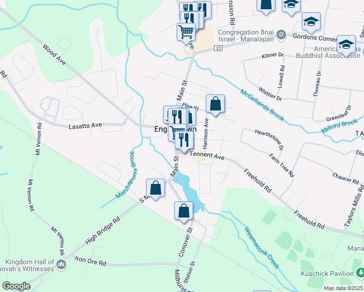 map of restaurants, bars, coffee shops, grocery stores, and more near 24 Main Street in Englishtown