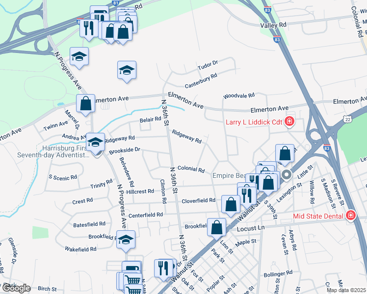 map of restaurants, bars, coffee shops, grocery stores, and more near Brookridge Terrace in Harrisburg