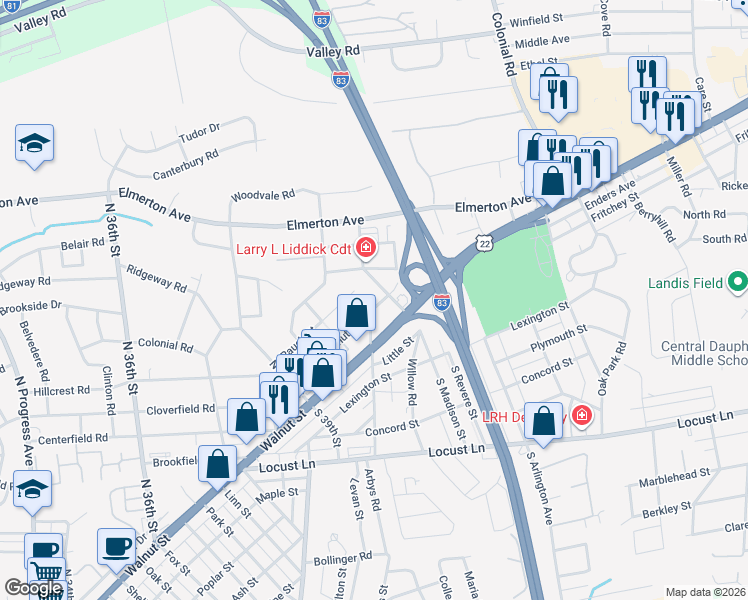 map of restaurants, bars, coffee shops, grocery stores, and more near 4004 Walnut Street in Harrisburg