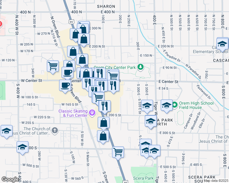 map of restaurants, bars, coffee shops, grocery stores, and more near 77 State Street in Orem