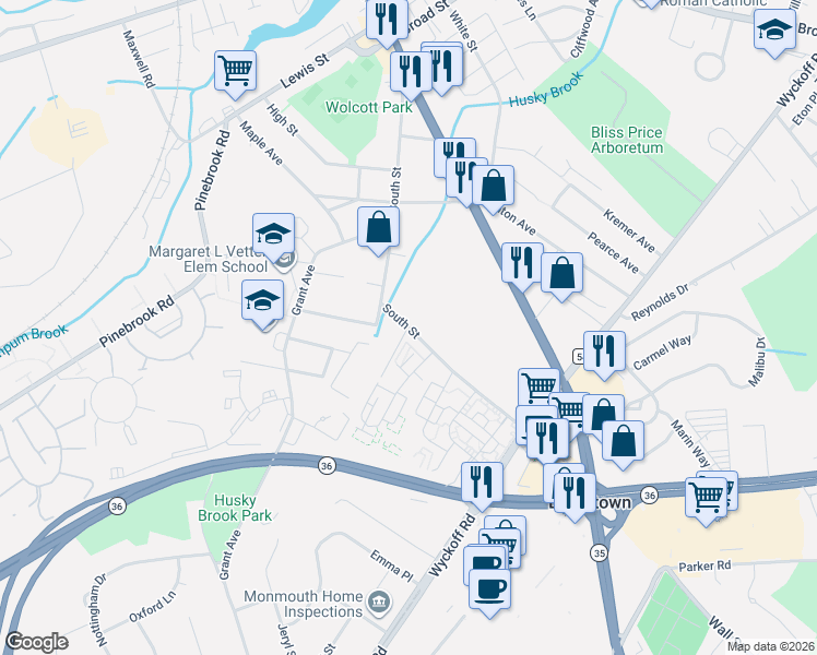 map of restaurants, bars, coffee shops, grocery stores, and more near 262 South Street in Eatontown