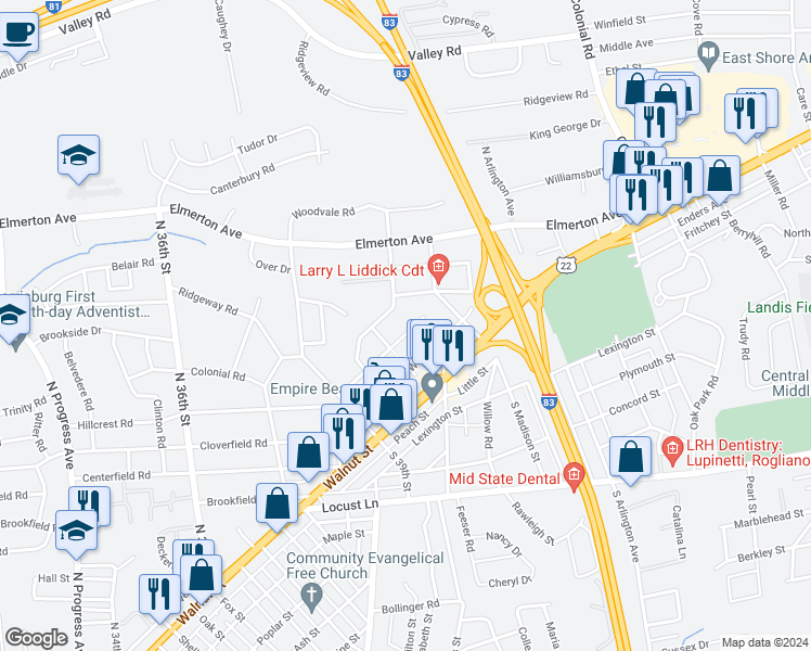 map of restaurants, bars, coffee shops, grocery stores, and more near 3980 Rauch Street in Harrisburg