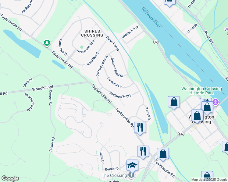 map of restaurants, bars, coffee shops, grocery stores, and more near 6 Decision Way East in Washington Crossing