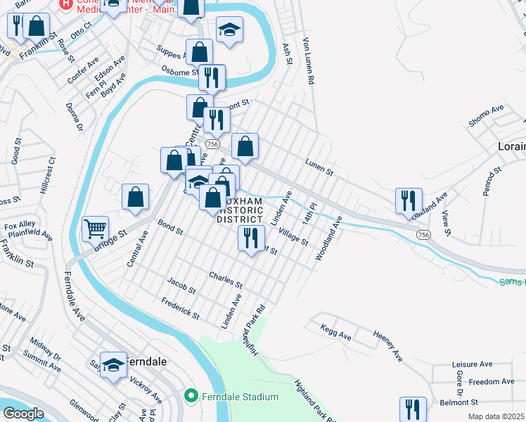 map of restaurants, bars, coffee shops, grocery stores, and more near 558 Highland Avenue in Johnstown