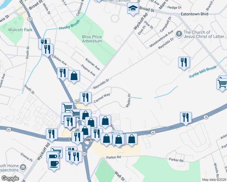 map of restaurants, bars, coffee shops, grocery stores, and more near 36 Carmel Way in Eatontown