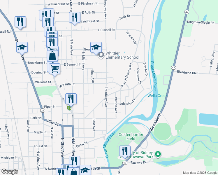 map of restaurants, bars, coffee shops, grocery stores, and more near 916 Broadway Avenue in Sidney