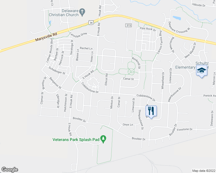 map of restaurants, bars, coffee shops, grocery stores, and more near 116 Ellicott Road in Delaware