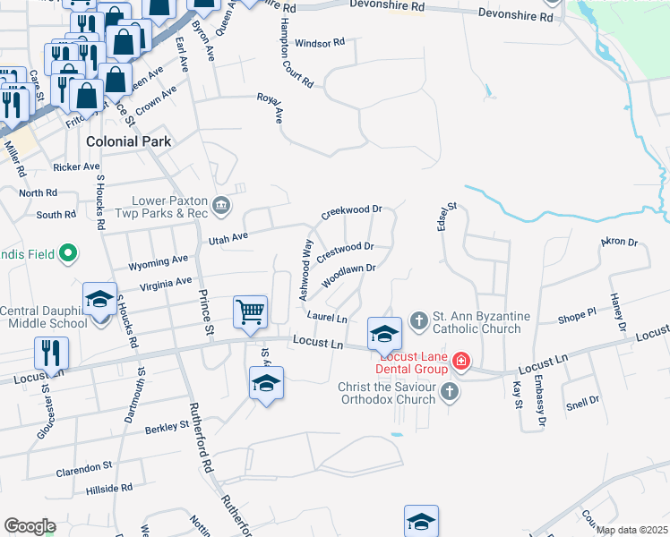 map of restaurants, bars, coffee shops, grocery stores, and more near 5214 Woodlawn Drive in Harrisburg