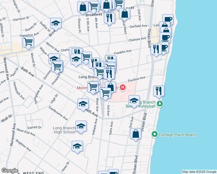 map of restaurants, bars, coffee shops, grocery stores, and more near 251 3rd Avenue in Long Branch