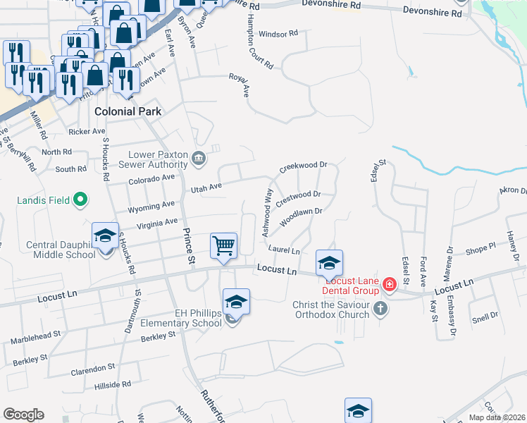 map of restaurants, bars, coffee shops, grocery stores, and more near 200 Ashwood Way in Harrisburg