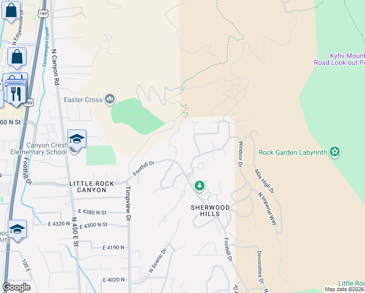 map of restaurants, bars, coffee shops, grocery stores, and more near East 4640 North in Provo