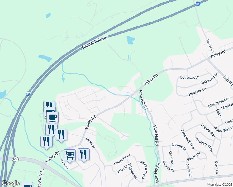 map of restaurants, bars, coffee shops, grocery stores, and more near 2065 Valley Street in Enola