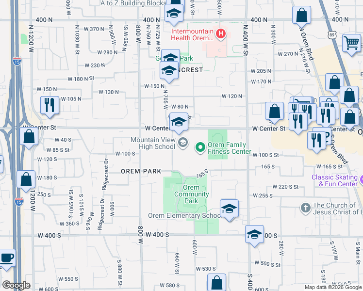 map of restaurants, bars, coffee shops, grocery stores, and more near 665 Center Street in Orem