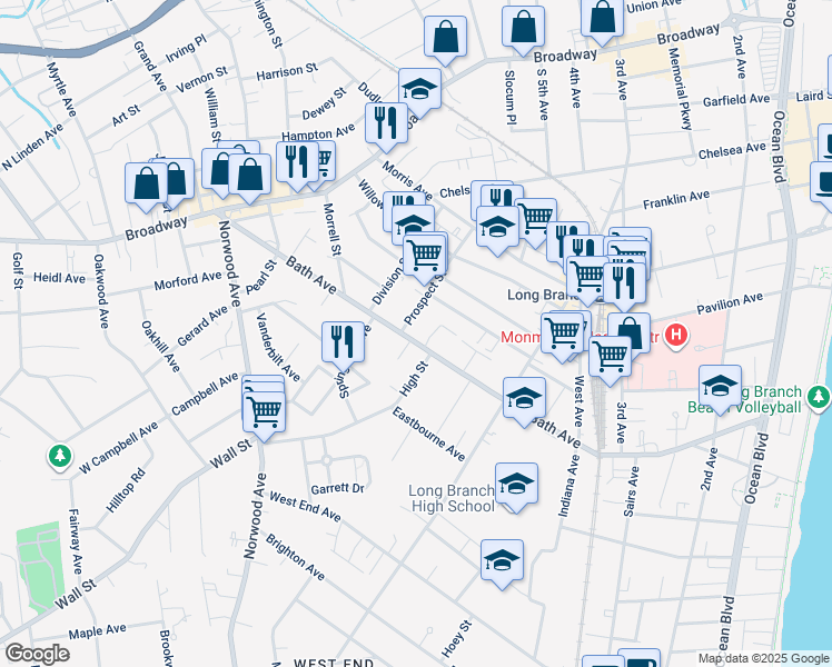 map of restaurants, bars, coffee shops, grocery stores, and more near 375 North Bath Avenue in Long Branch