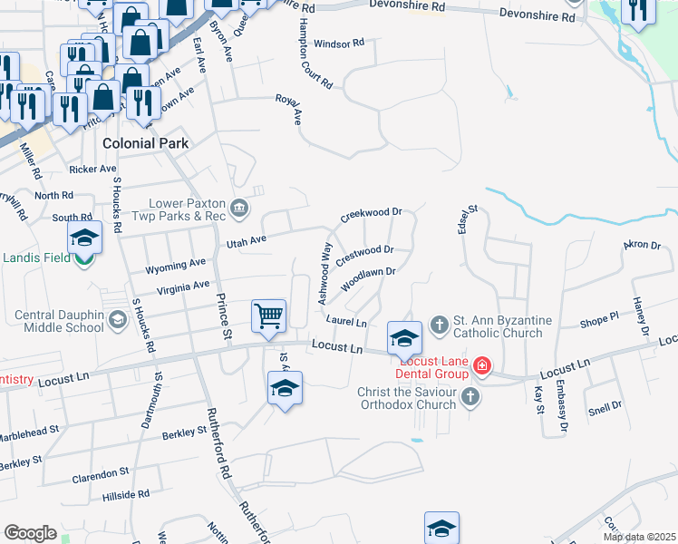 map of restaurants, bars, coffee shops, grocery stores, and more near 5205 Crestwood Drive in Harrisburg