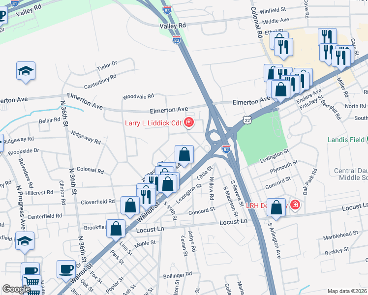 map of restaurants, bars, coffee shops, grocery stores, and more near 4004 Walnut Street in Harrisburg
