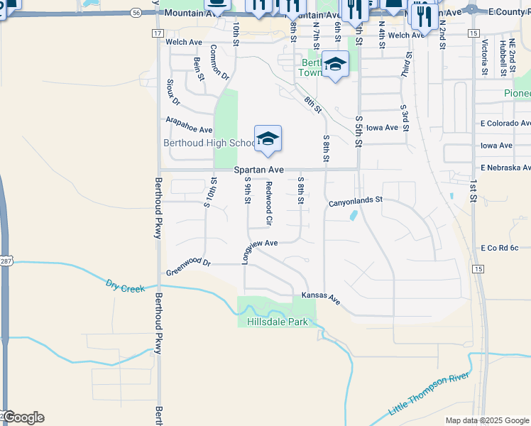 map of restaurants, bars, coffee shops, grocery stores, and more near 529 Redwood Circle in Berthoud