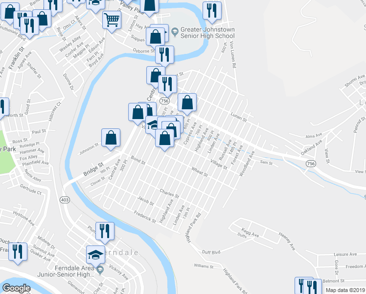 map of restaurants, bars, coffee shops, grocery stores, and more near 199 Village Street in Johnstown
