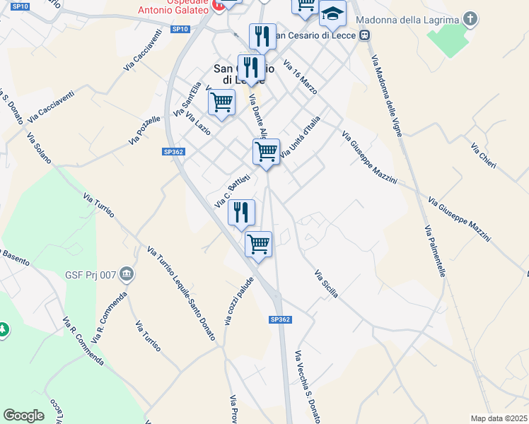 map of restaurants, bars, coffee shops, grocery stores, and more near 15 Via Sardegna in San Cesario di Lecce