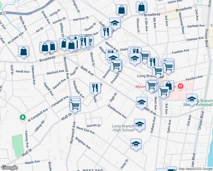 map of restaurants, bars, coffee shops, grocery stores, and more near 388 Bath Avenue in Long Branch