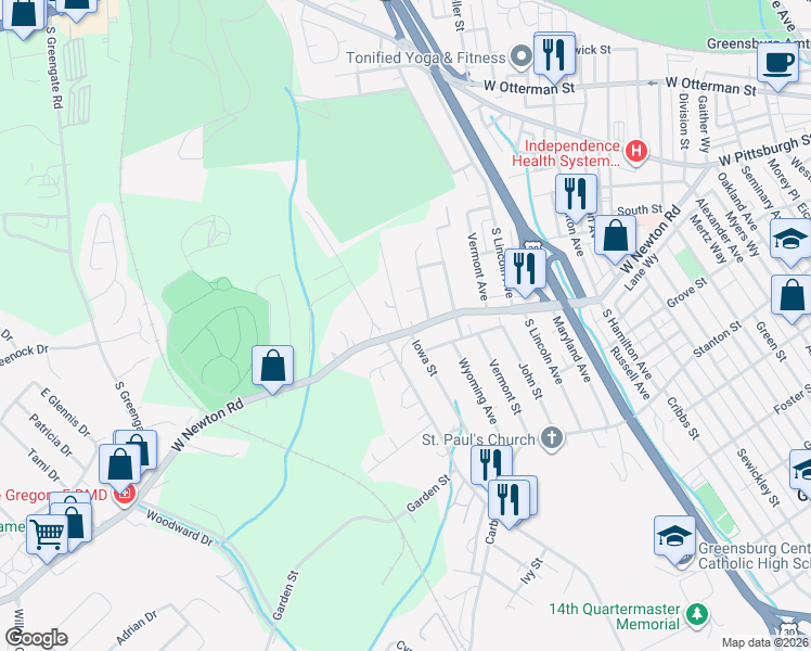 map of restaurants, bars, coffee shops, grocery stores, and more near 4767 Pennsylvania 136 in Greensburg