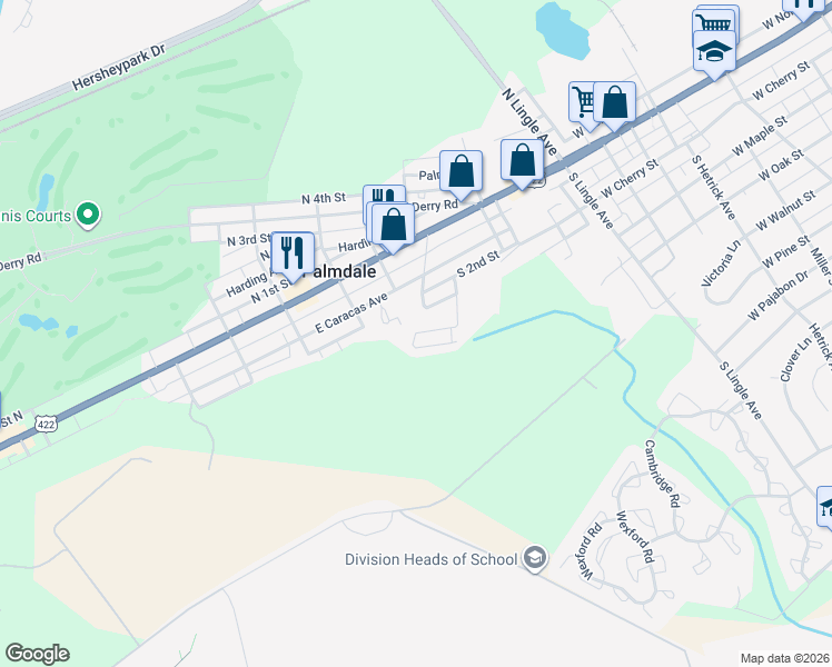 map of restaurants, bars, coffee shops, grocery stores, and more near 2 Sunrise Drive in Hershey