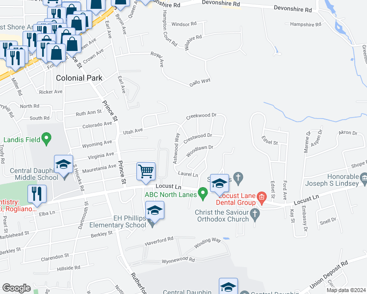 map of restaurants, bars, coffee shops, grocery stores, and more near 5205 Crestwood Drive in Harrisburg