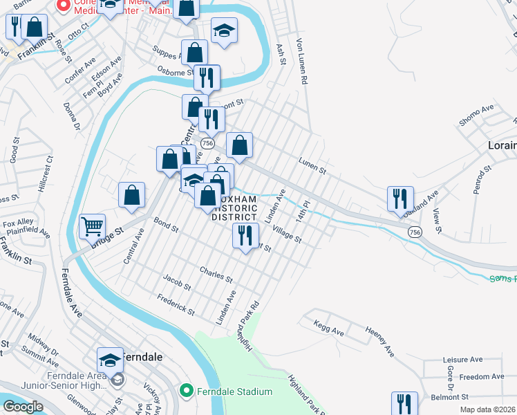 map of restaurants, bars, coffee shops, grocery stores, and more near 558 Highland Avenue in Johnstown