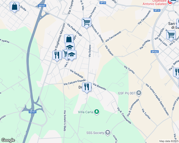 map of restaurants, bars, coffee shops, grocery stores, and more near 21 Via Beniamino Panzera in Lequile