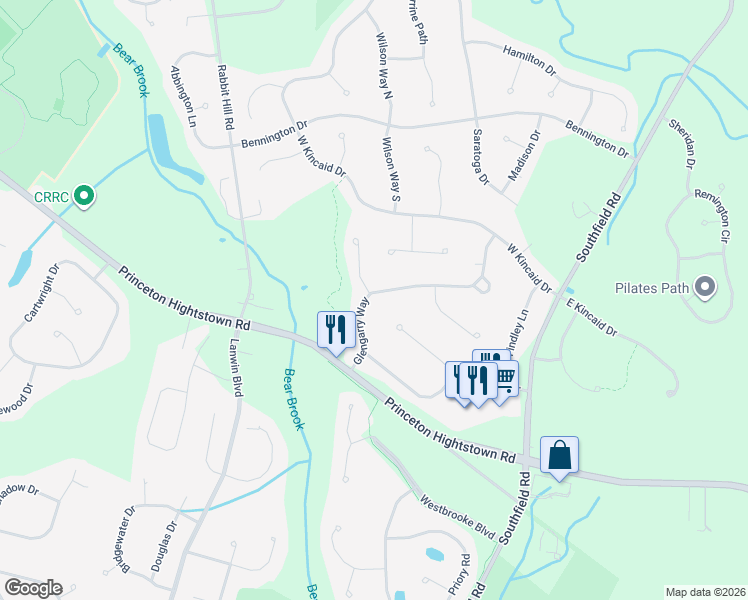 map of restaurants, bars, coffee shops, grocery stores, and more near 14 Glengarry Way in West Windsor Township