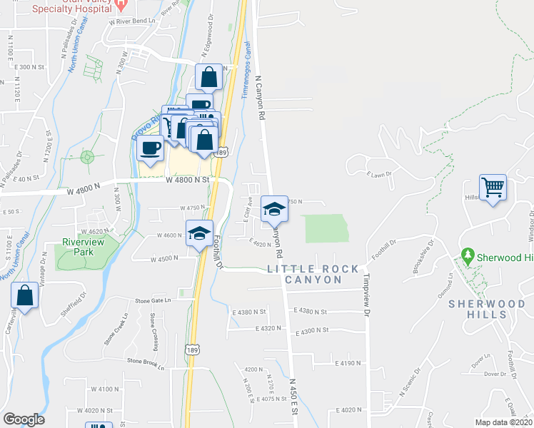 map of restaurants, bars, coffee shops, grocery stores, and more near 285 Three Fountains Drive in Provo