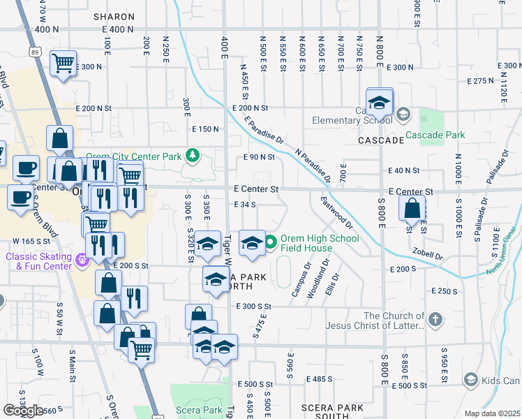 map of restaurants, bars, coffee shops, grocery stores, and more near 41 South 470 East Street in Orem