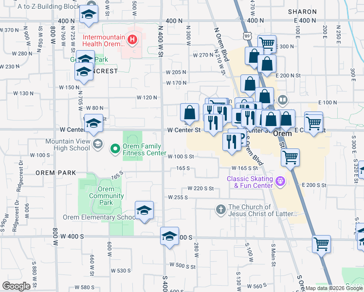 map of restaurants, bars, coffee shops, grocery stores, and more near 64 South 320 West Street in Orem