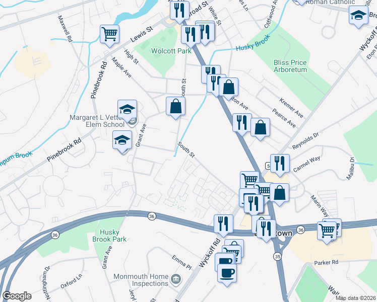 map of restaurants, bars, coffee shops, grocery stores, and more near 262 South Street in Eatontown