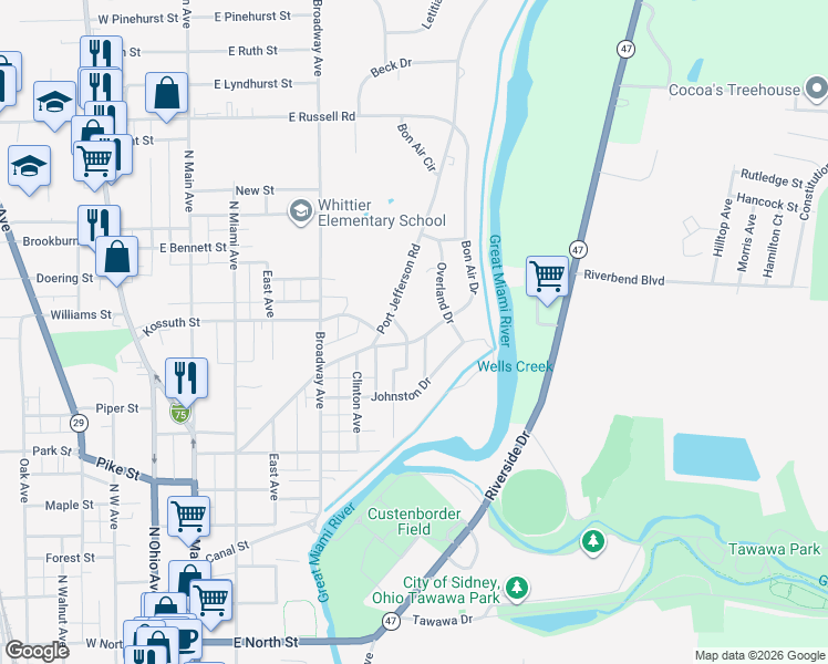 map of restaurants, bars, coffee shops, grocery stores, and more near 1100 Norwood Drive in Sidney