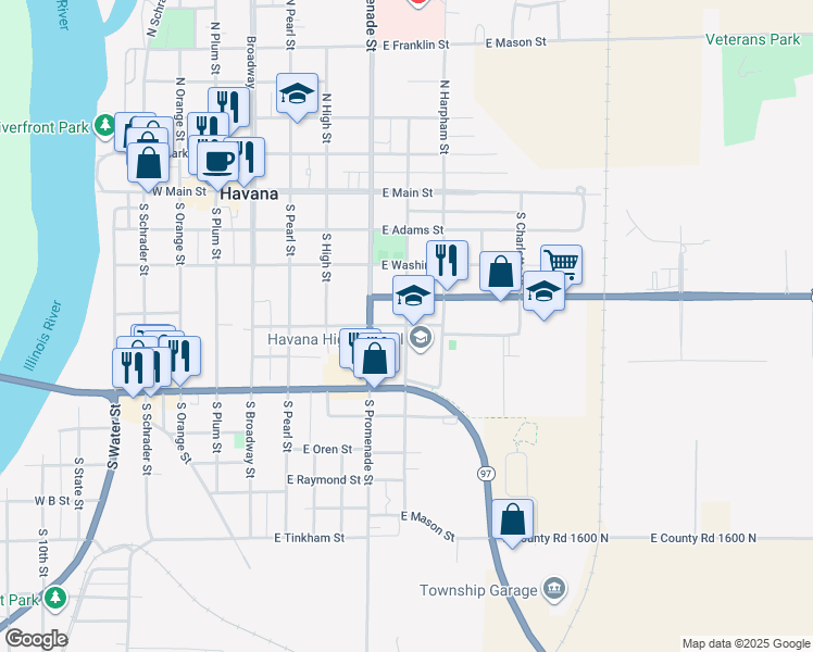 map of restaurants, bars, coffee shops, grocery stores, and more near 501 South McKinley Street in Havana