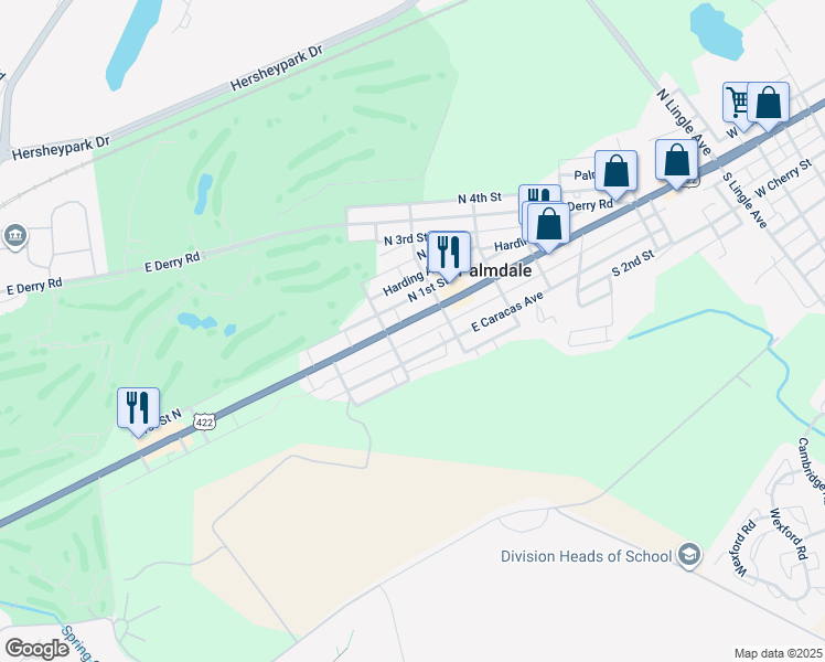 map of restaurants, bars, coffee shops, grocery stores, and more near 1226 E Chocolate Ave in Hershey