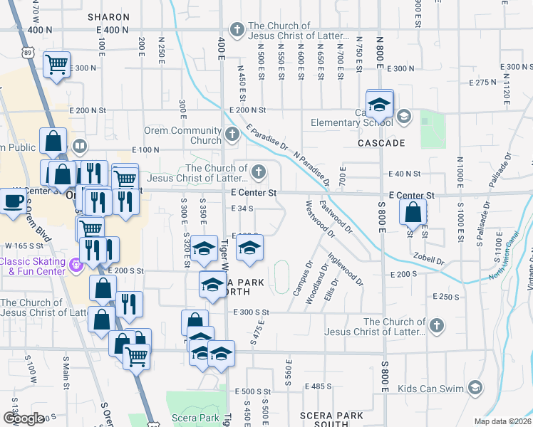map of restaurants, bars, coffee shops, grocery stores, and more near 41 South 470 East Street in Orem