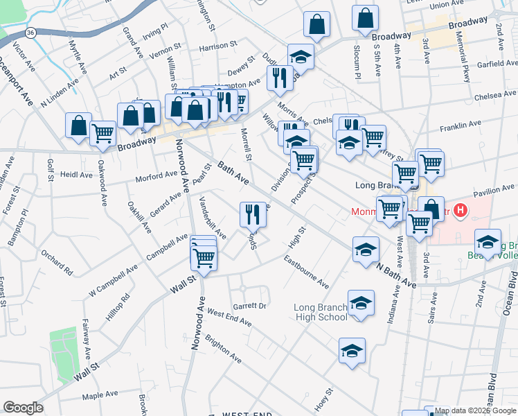 map of restaurants, bars, coffee shops, grocery stores, and more near 496 Springdale Avenue in Long Branch